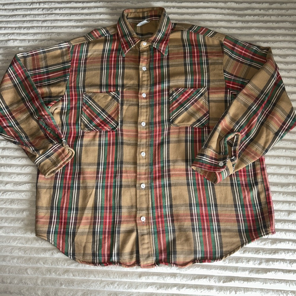 Vintage Big Mac JC PENNEY Men's White Green, Tan And Red Plaid Shirt Size XLT